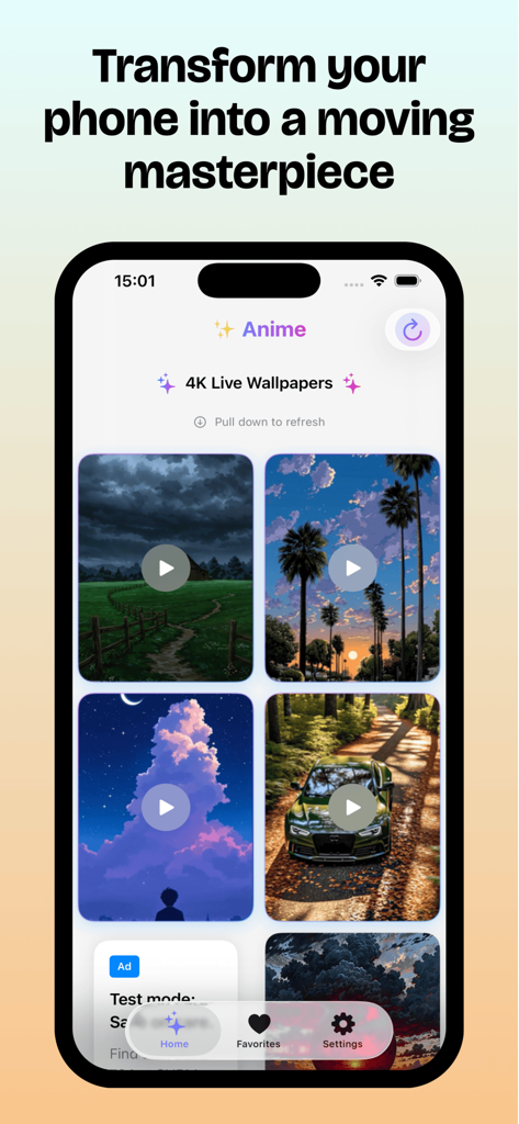 Anime Live wallpaper 4k - iPhone screen displaying a gallery of 4K live anime wallpapers