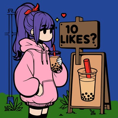 girl with oversized hoodie drinking boba and she has a high ponytail with a sign that says 10likes?