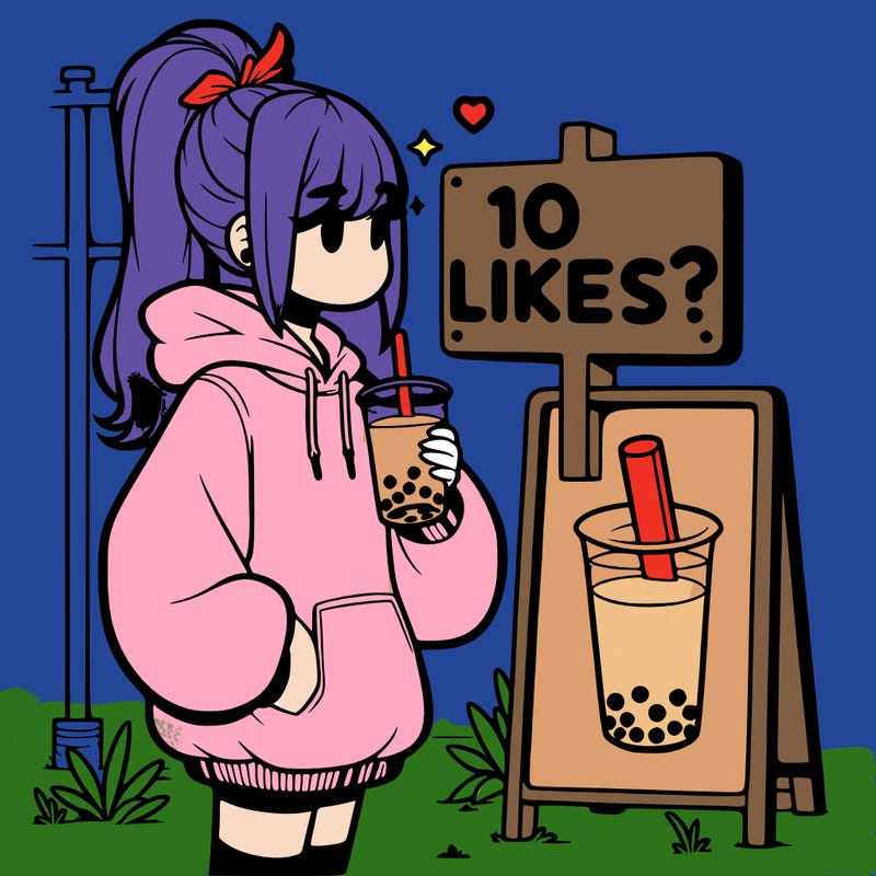 girl with oversized hoodie drinking boba and she has a high ponytail with a sign that says 10likes?