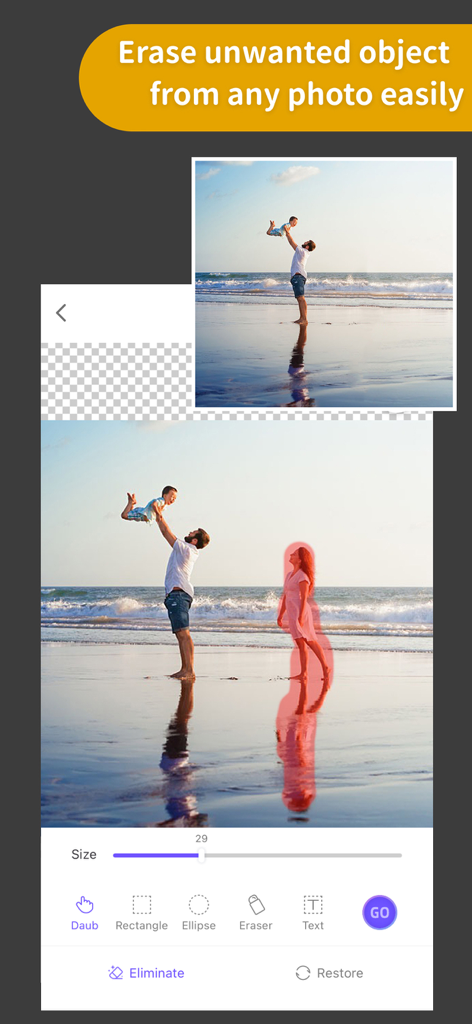 A beach photo showing the object removal tool erasing a person from the background to create a clean image.