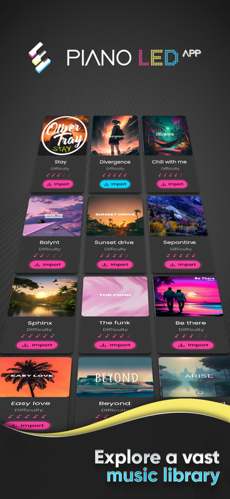 Explore a vast music library in the Piano LED App with various songs and difficulty levels