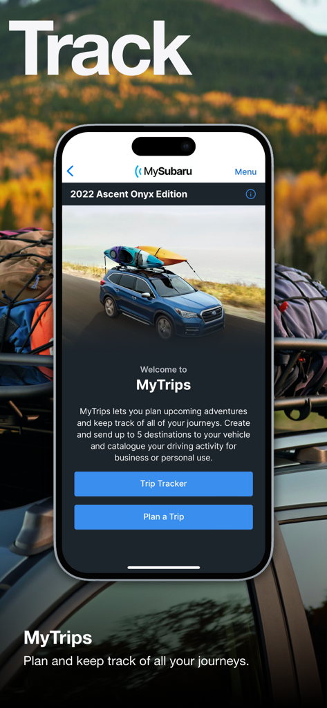 MySubaru - MySubaru app interface showing the MyTrips feature for planning and tracking journeys