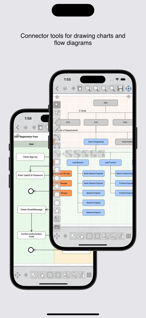 iDesign App-Oberfläche zum Zeichnen von Organigrammen und Flussdiagrammen mit Verbindungswerkzeugen auf dem iPhone