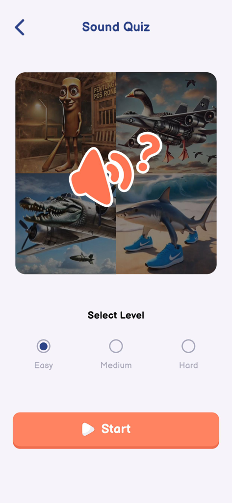 Italian Brainrot Quiz: Sounds - Écran de sélection des niveaux du mode Quiz Sonore présentant des images mèmes surréalistes et des paramètres de difficulté.