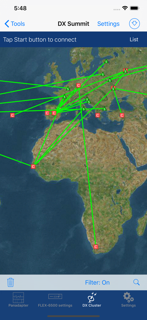 SmartSDR app DX Cluster interface displaying amateur radio spots on a global map
