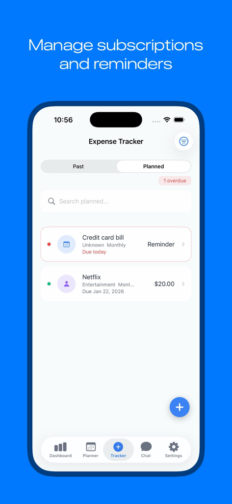 Interfaz de recordatorios de suscripciones y facturas de la App de Presupuesto Familiar y del Hogar