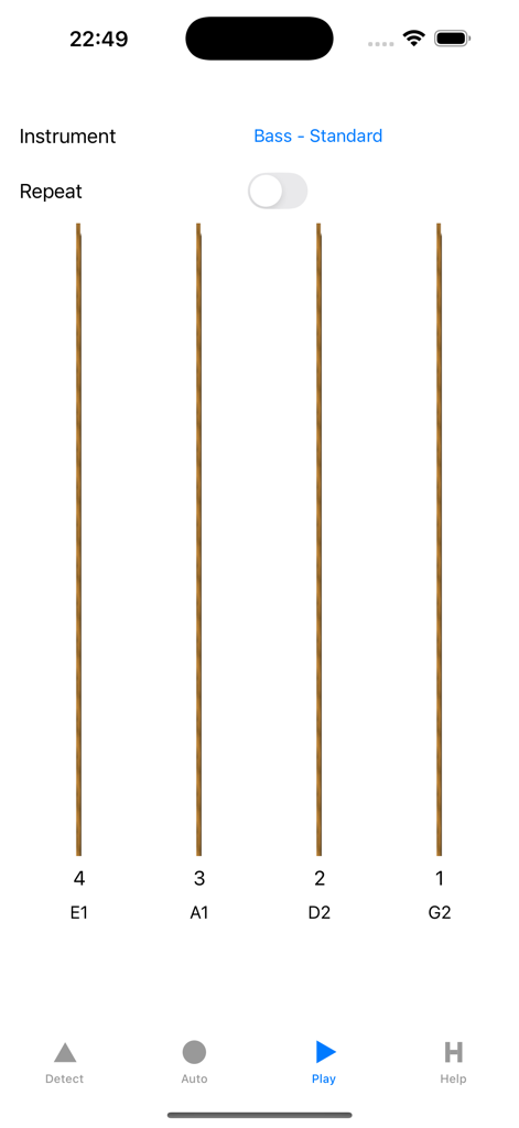 Accurate Bass Tuner - Interfaccia dell'app Accurate Bass Tuner che mostra quattro corde per il riferimento di accordatura standard del basso.
