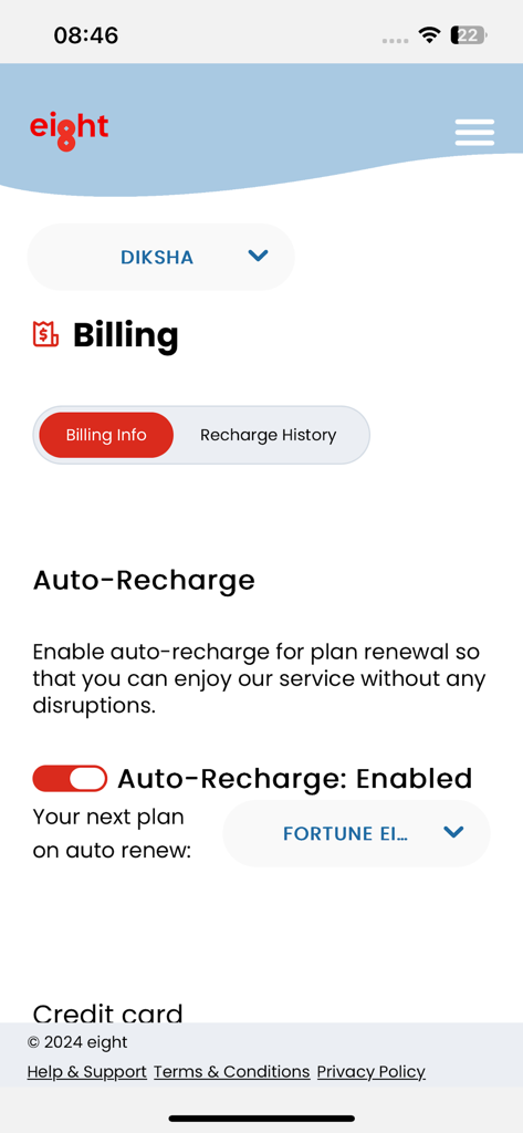 eight Telecom - The billing screen of the eight Telecom app showing auto-recharge settings for mobile plans.