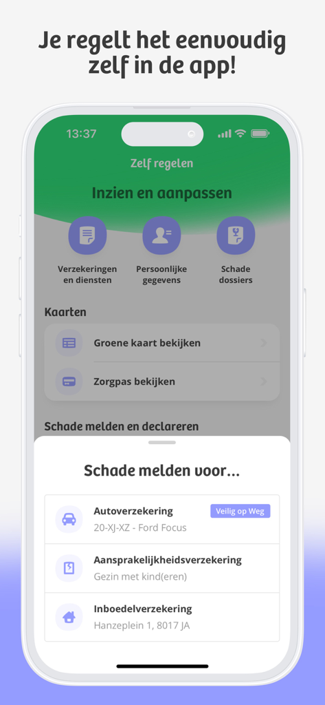 Smartphone screen displaying the Unive insurance app interface for policy management and reporting claims