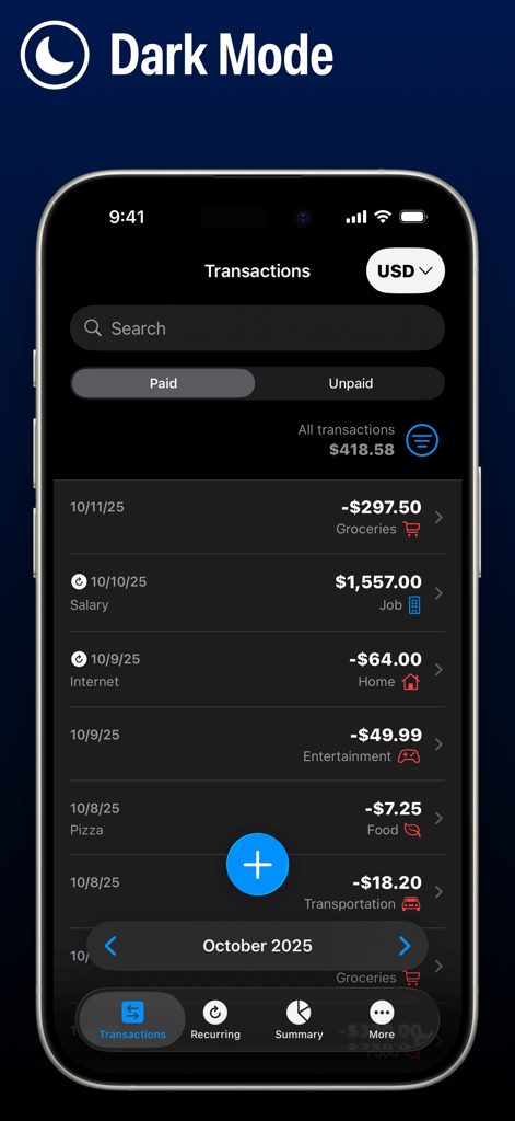 Numi personal finance app interface displaying a list of transactions in dark mode