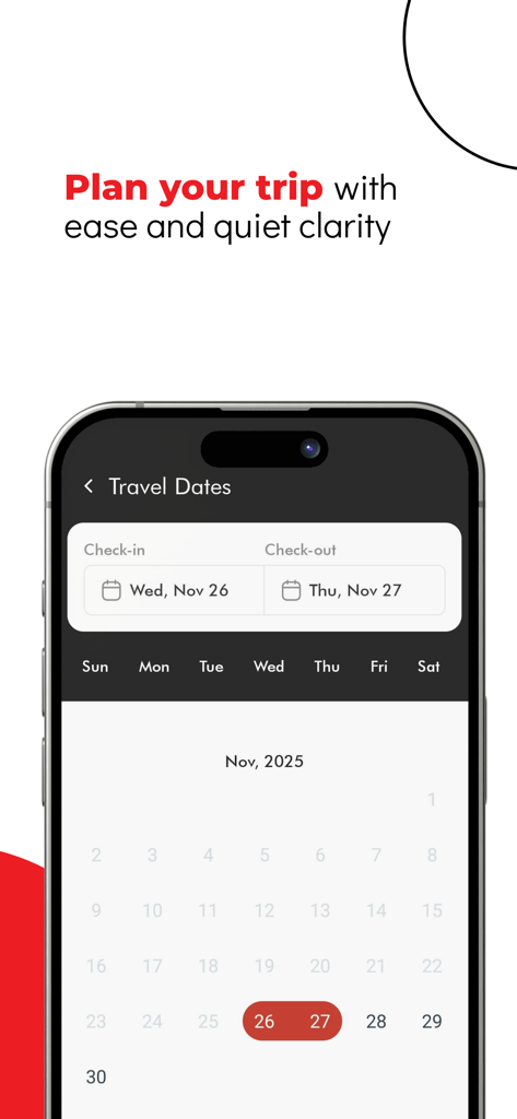Travel dates selection screen and calendar on the Red Planet Hotel mobile app