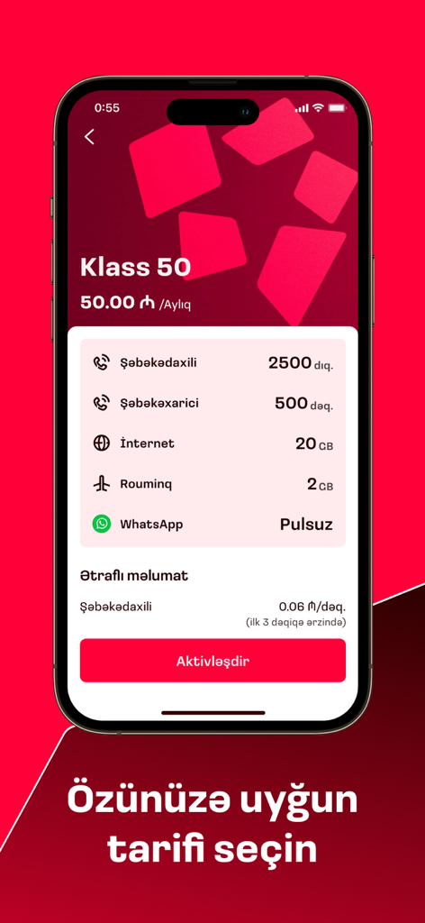 Bakcell - Screenshot of Bakcell mobile app showing Klass 50 tariff plan with minutes, data, and roaming details.