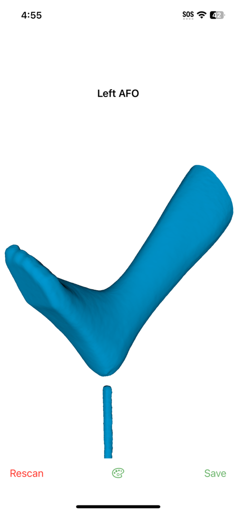 SnugFit O&P 3D Scanner - A 3D digital model of a left foot and ankle scan for a custom orthotic device in the SnugFit O&P app.