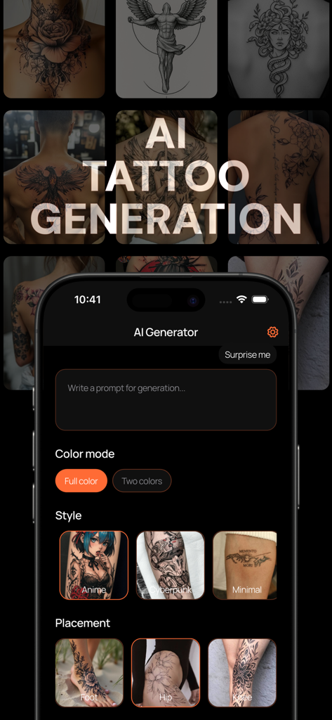 Tattoo AI Inc - AIタトゥー生成のためのモバイルアプリインターフェイス。プロンプト入力とさまざまなデザインスタイルを表示。