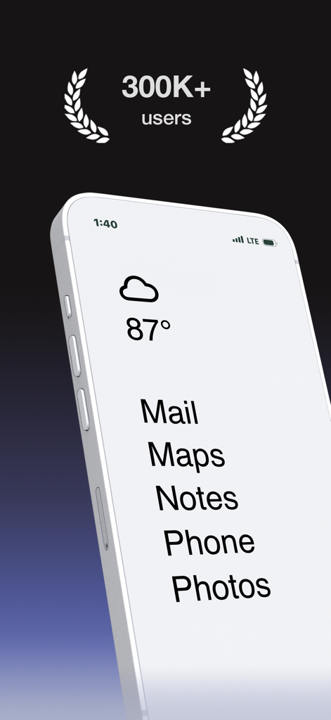 Blank Spaces Launcher (-) - Un écran d'accueil de smartphone minimaliste affichant des noms d'applications textuels et un simple widget météo.