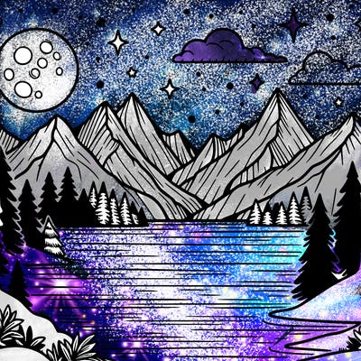 mountains over lake with moon realistic