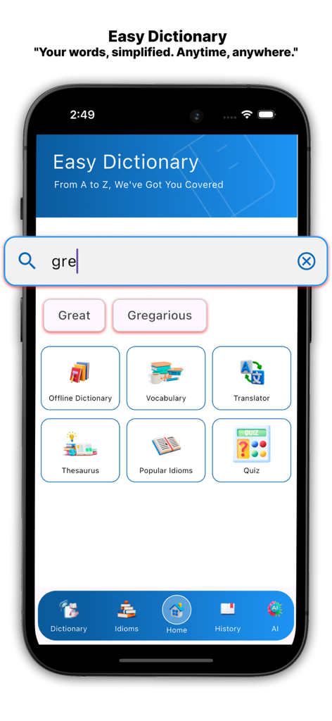 AI English Dictionary mobile app interface displaying a search bar and icons for features like translator vocabulary builder and interactive quizzes