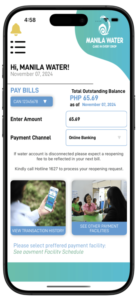 Manila Water App - Manila Water App mobile interface showing the pay bills screen with outstanding balance and payment channel options