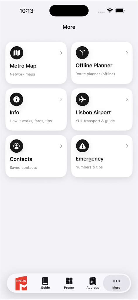 オフラインプランナー、空港ガイド、緊急連絡先などの機能が表示されるリスボン地下鉄マップアプリの「その他」メニューのスクリーンショット。
