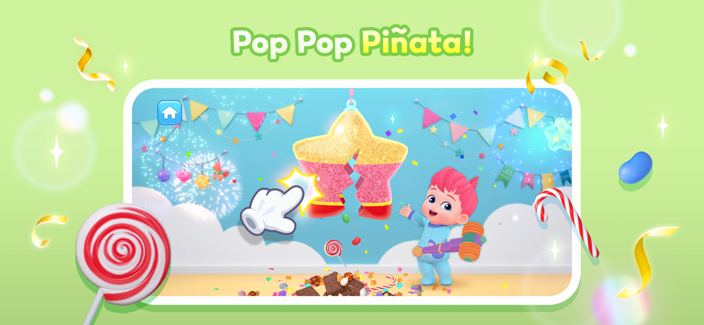 Personaje de Bebefinn celebrando con una piñata en forma de estrella y dulces en un juego de fiesta de cumpleaños.