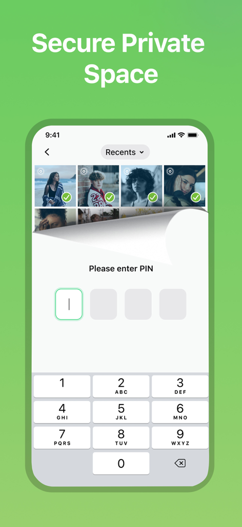 Secure private space lock screen in the Tracover app requiring a PIN to access hidden photos