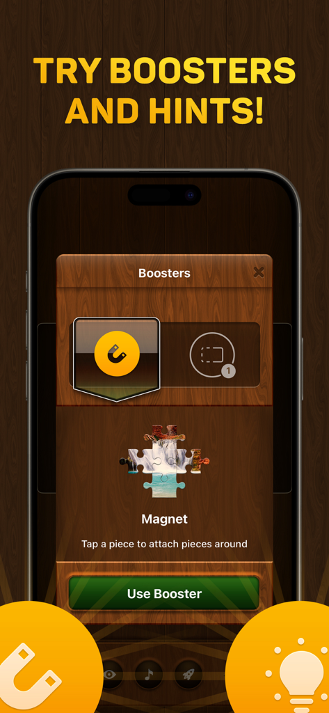 Jigsaw Puzzles for You - Jigsaw Puzzles for Youアプリのマグネットブースター機能と簡単なゲームプレイのためのヒントを示すスクリーンショット