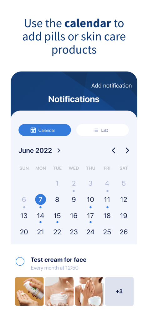 AI Dermatologist: Skin Scanner - Visualização do calendário no aplicativo para agendar notificações de produtos de cuidados com a pele e medicamentos no aplicativo AI Dermatologist.