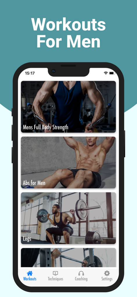 MuscleMax - Men's Workout - MuscleMax app screen displaying a list of workout programs for men including full body, abs and legs