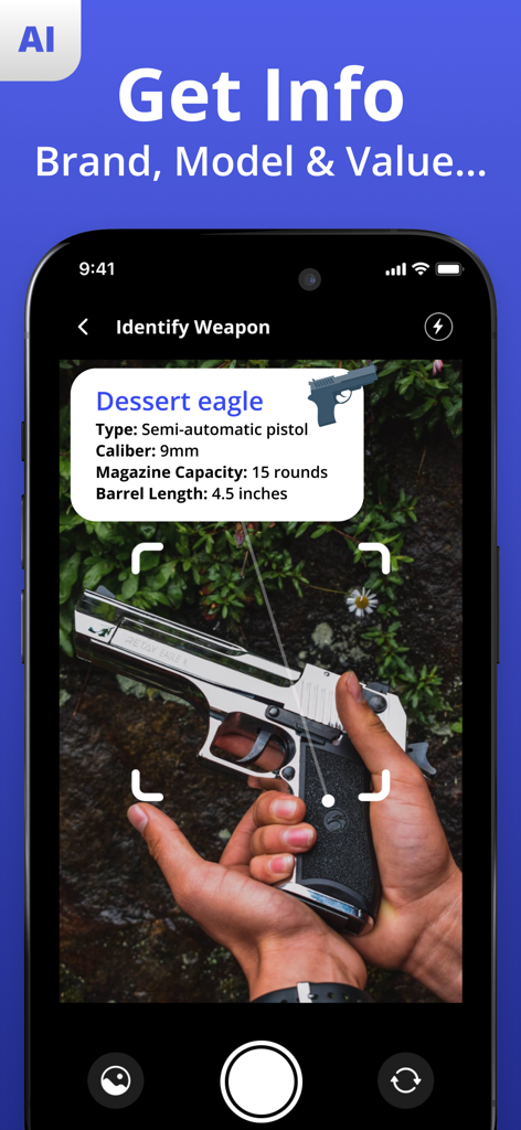 Gun Identifier - Interface of the Gun Identifier app scanning a pistol to show model and specifications