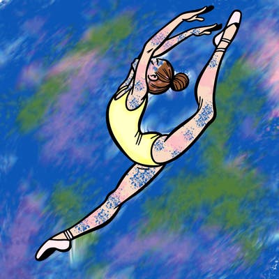 gymnast doing a leap in a leotard with a bent back leg