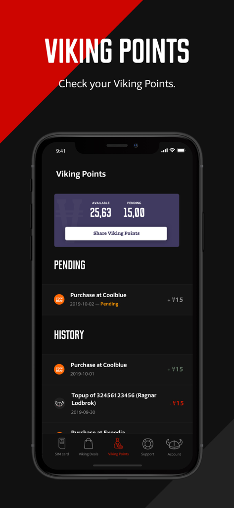 Smartphone-Bildschirm mit dem Abschnitt Viking Points der My Viking App, der verfügbare Punkte und die Transaktionshistorie anzeigt