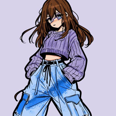 anime teen girl with baggy pants and crop top with sweater