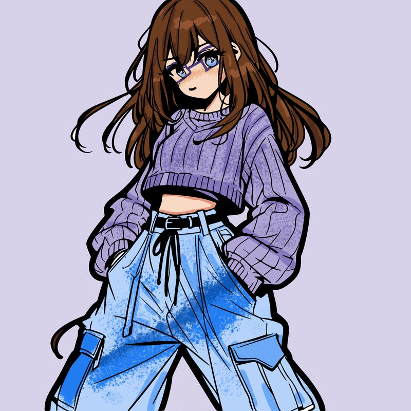 anime teen girl with baggy pants and crop top with sweater