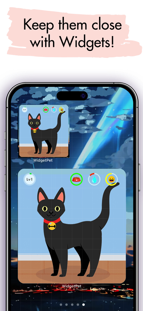 Watch Pet: Widget & Watch Pets - Dois widgets de gato preto de estimação virtual exibidos na tela inicial de um iPhone com ícones de status de comida e felicidade.