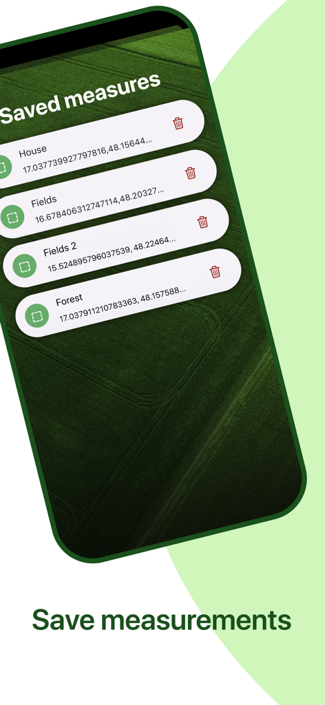 List of saved land measurements for houses fields and forests in the app