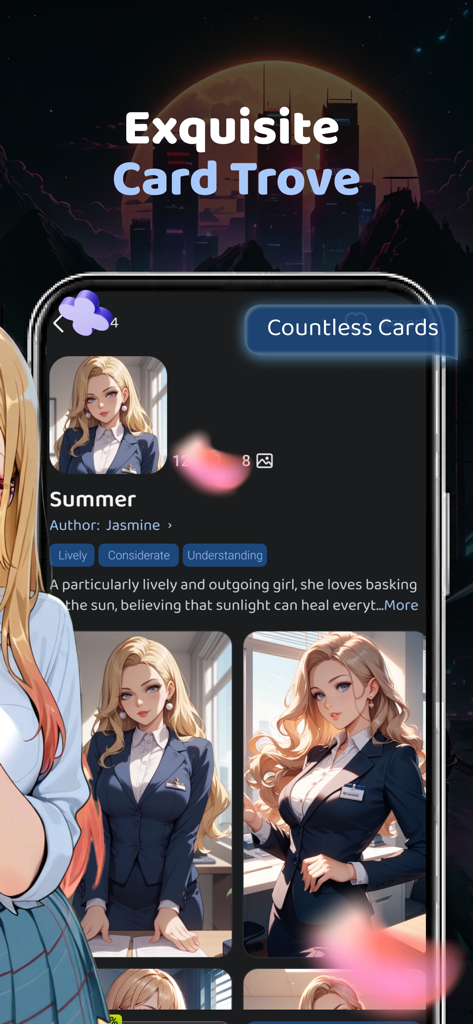 User interface of Spark Chat app displaying an anime character profile named Summer with personality tags and multiple images.