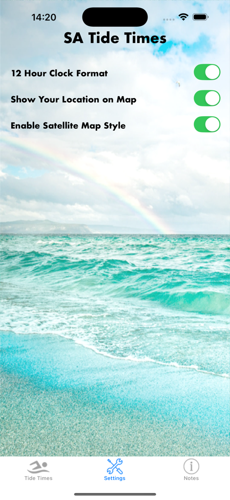 SA Tide Times - The settings menu of the SA Tide Times app featuring toggles for clock format and map style over a scenic beach background.