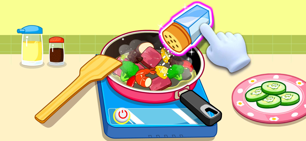 My Panda Chef Kitchen - Cartoon hand seasoning a stir-fry with shrimp and vegetables in a kitchen game