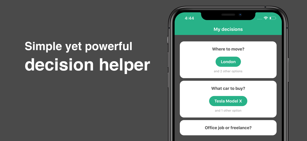 Pros n Cons app screen showing a list of decision examples like moving location and car purchases
