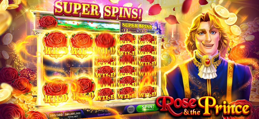 House of Slots - Casino Games - A slot machine gameplay screen from House of Slots featuring the Rose and the Prince theme with wild symbols and super spins