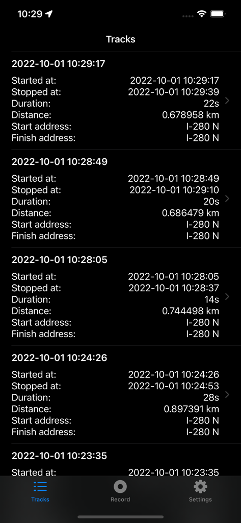 Location Tracker - GPS Logger - A list of recorded GPS tracks showing duration and distance details