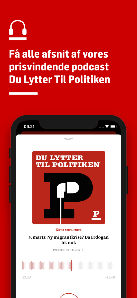 Interface of the Politiken Podcast app playing a news episode