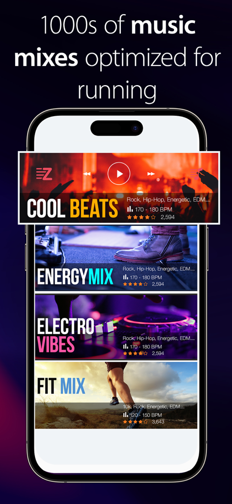 A smartphone displaying various music mixes optimized for running including Cool Beats and Energy Mix.
