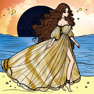 beautiful woman with a vaporous long dress walking on the beach at the noon, detailed art