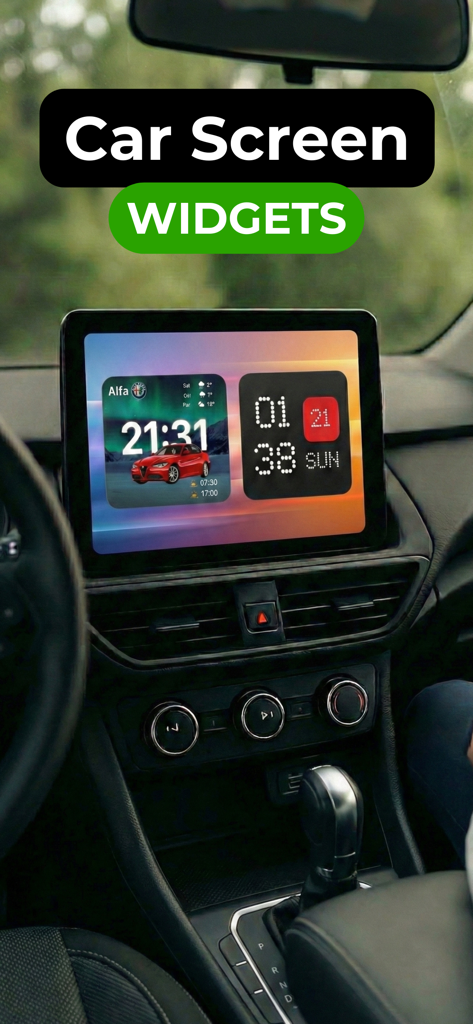 Car Widgets: AutoDash - Schermata del cruscotto di un'auto che mostra widget digitali personalizzabili per ora e meteo
