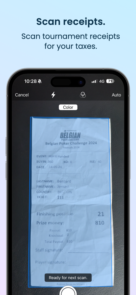 Pokerbase - Tracking & Staking - 税金追跡のためにトーナメント領収書をスキャンするPokerbaseアプリを使用するスマートフォン。
