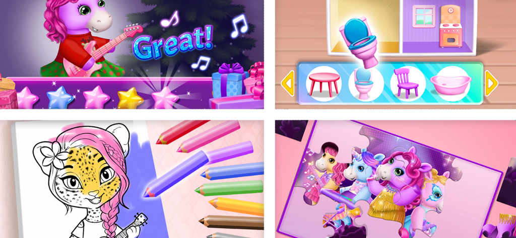 Pony Sisters Christmas - A collage showing different mini games from Pony Sisters Christmas including music, dollhouse decoration, coloring, and puzzles.