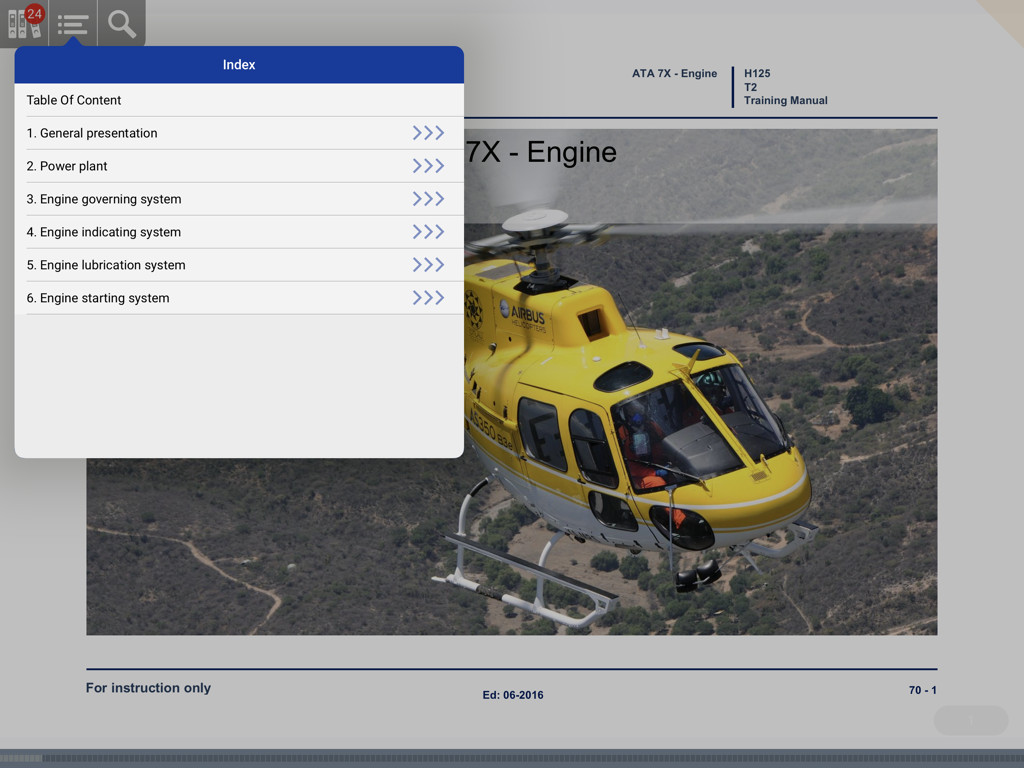 Airbus Helicopters Training Manuals app showing the engine system index and a yellow helicopter