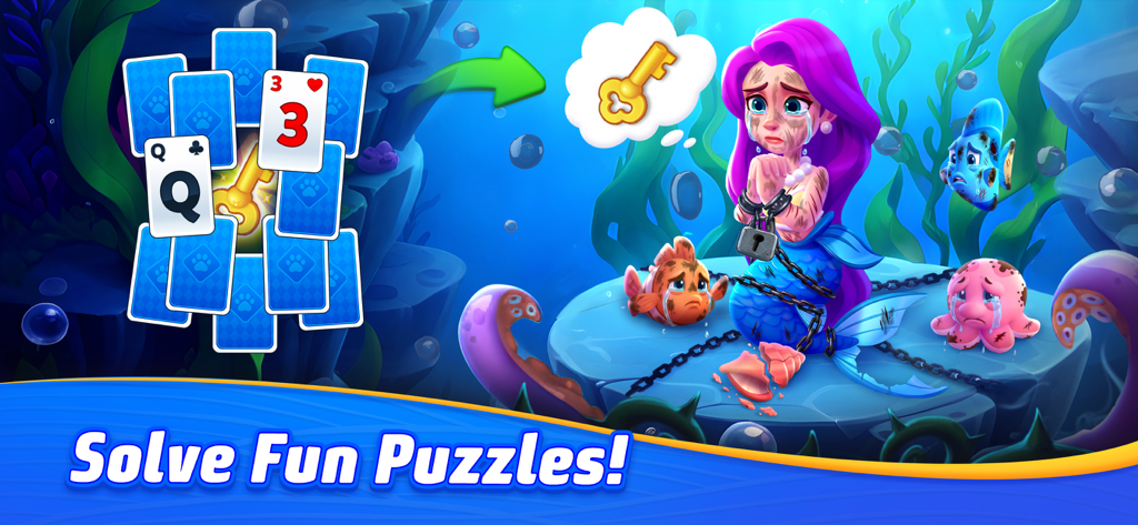 A trapped mermaid character in an underwater world waiting to be rescued by solving solitaire puzzles