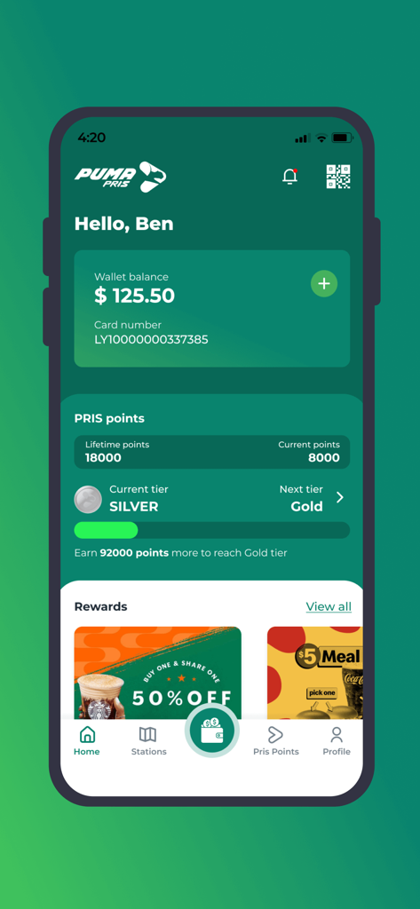 Puma Pris Africa app home screen showing points and loyalty rewards